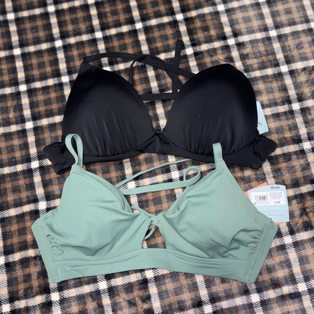 Shade & Shore Push-Up Bikini Tops 36C Black & Green NWT Swim Set Women SwmSuit